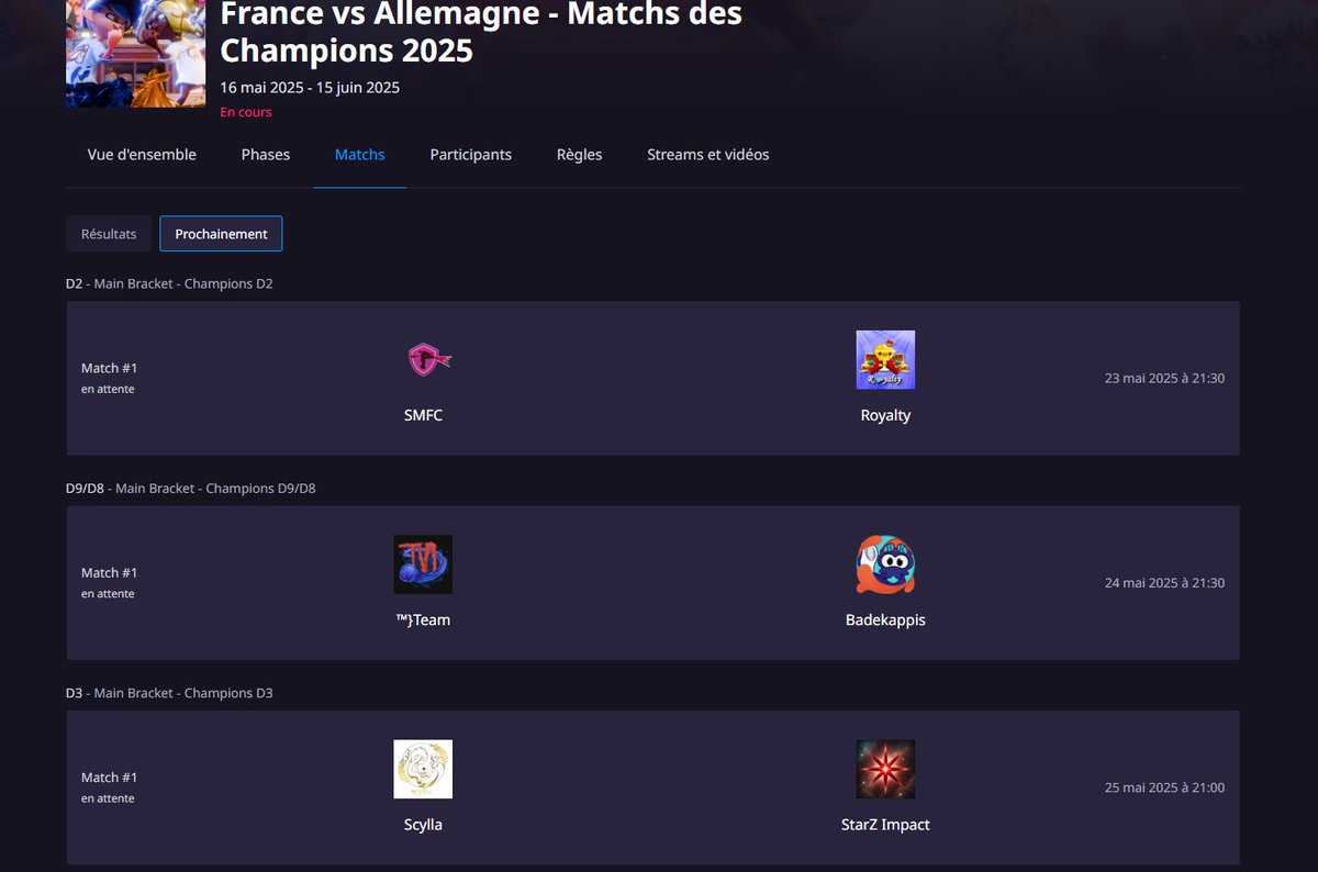 Vous avez été plus de 100 spectateurs simultanés derrière Witch of the Night pour le premier match des champions lundi ! 🙌

On lâche rien, on veut le même engouement pour soutenir SMFC vendredi, ™}Team samedi et Scylla dimanche ! 💪🇫🇷

Toornament : bit.ly/ebtv-x-dsb-2025

PS :