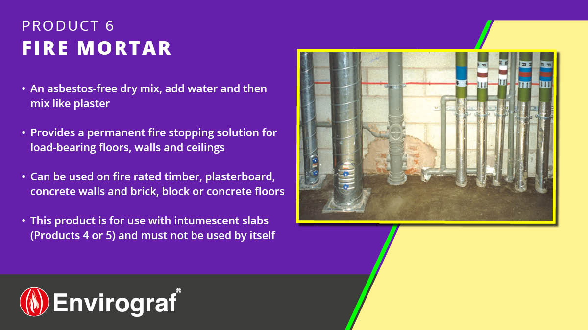 #Envirograf asbestos-free dry mix Intumescent fire mortar provides a load-bearing fire seal in floors, walls, and ceilings.  Use in conjunction with either intumescent slabs or non-fibrous slabs to provide a permanent fire-stopping solution. tinyurl.com/envirograf6