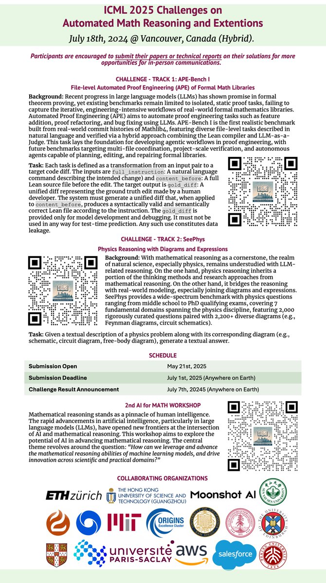 ai4mathworkshop's tweet image. Glad to announce the ICML 2025 Challenge on Automated Math Reasoning and Extensions! 🌟🧮⚛️
Track 1: File-level Automated Proof Engineering (APE) of Formal Math Libraries (APE-Bench I). Participation: codabench.org/competitions/8…
Track 2: Physics Reasoning with Diagrams and…