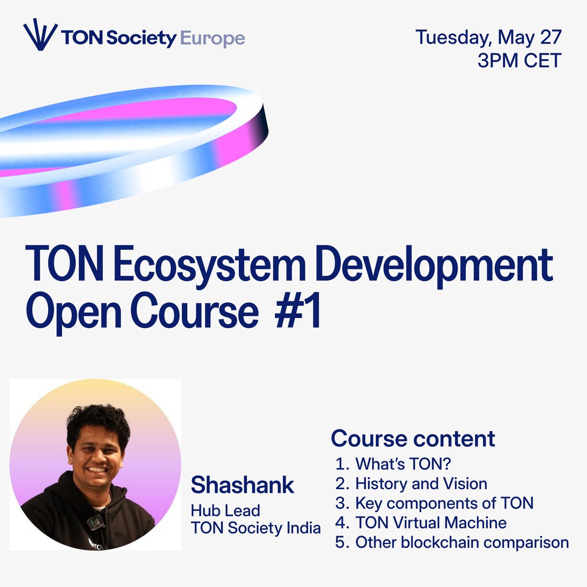 💎《TON Ecosystem Development Open Course &amp; Coding Challenge 2025》 #1

🗓 Tuesday, May 27, 3PM CET
🎙 Watch the live broadcast on Telegram or Twitter.

🥇 All participating users will receive SBT.

🧑‍💻A Coding Challenge will follow the course, with a chance to win a full year of