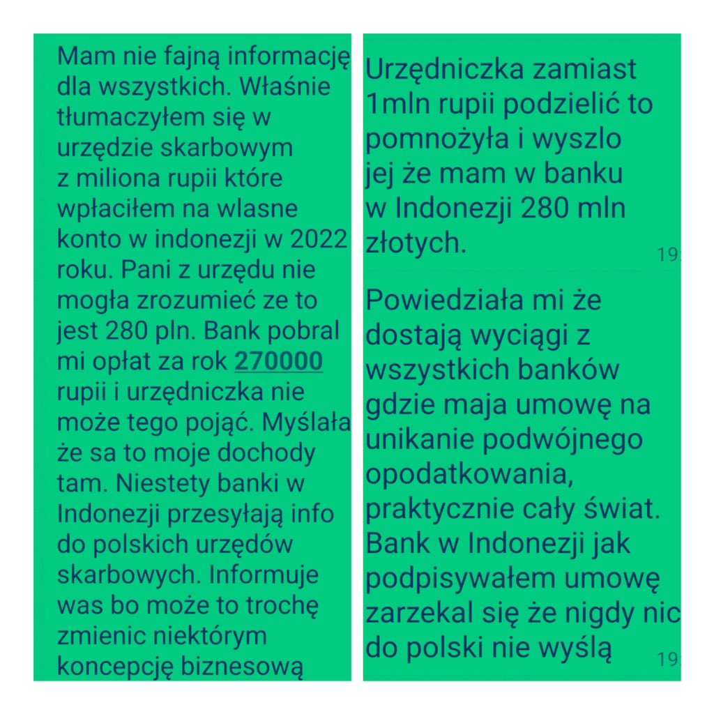 Nowe ATH na Bitcoinie – gratki dla hodlerów! 🚀💰
Ale zanim będziecie się cieszyć zyskami i planować keszowanko…👇
Zobaczcie ten screen od klienta z kontem w Indonezji. 📲
Czuł się tam bezpiecznie – a jego dane spływały automatycznie do polskiego fiskusa dzięki systemowi CRS🕵️‍♂️📤