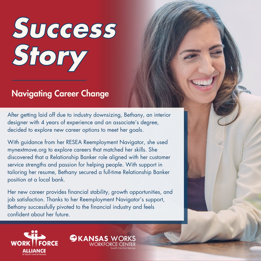 workforcecenter's tweet photo. Whether affected by an unexpected layoff or just ready for something new, the Workforce Center is here to help you navigate career change at any stage. 

Read how the Workforce Center helped Bethany find a new direction!

Learn more at https://t.co/5EABzxhPkk.

@KansasWorkforce https://t.co/eafqP4Ncga