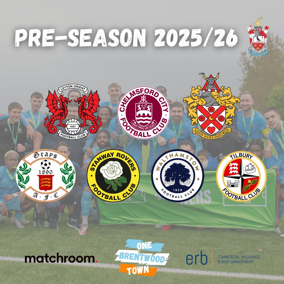 BrentwoodTownFC's tweet image. 𝙋𝙧𝙚 𝙎𝙚𝙖𝙨𝙤𝙣 𝙁𝙞𝙭𝙩𝙪𝙧𝙚𝙨

We are pleased to announce our 2025/26 pre season fixtures!

Saturday 5th July - 3PM - Leyton Orient (H)
Tuesday 8th July 7:45PM - Chelmsford City (H)
Saturday 12th July - 3PM - Hornchurch (H)
Saturday 19th July - 3PM - Grays Athletic (A)…