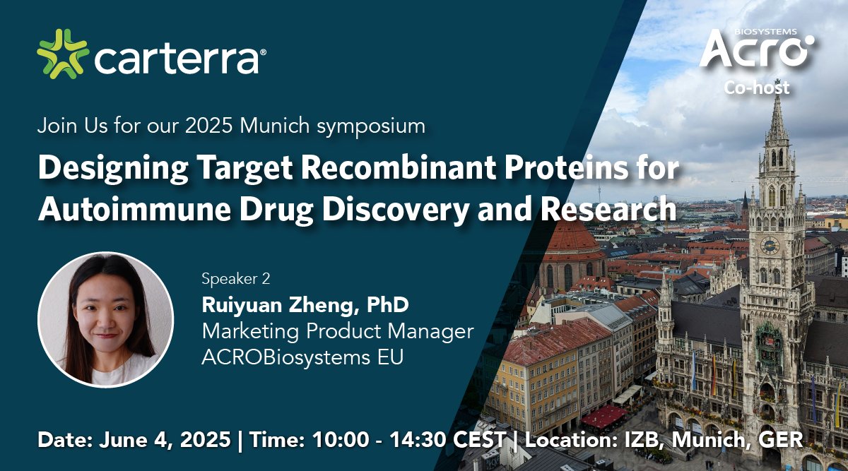 Carterra (@carterra_bio) on Twitter photo Dr. Ruiyuan Zheng of <a href="/AcrobiosystemsE/">ACROBiosystems EU</a> will be presenting how structurally native proteins can enhance therapeutic precision, reduce risks & uncover new autoimmune disease targets.
๐๐ผ๐ถ๐ป ๐ผ๐๐ฟ ๐ ๐๐ป๐ถ๐ฐ๐ต ๐๐๐บ๐ฝ๐ผ๐๐ถ๐๐บ ๐๐๐ป๐ฒ ๐ฐ: info.carterra-bio.com/munich-symposiโฆ
#DrugDiscovery Dr. Ruiyuan Zheng of <a href="/AcrobiosystemsE/">ACROBiosystems EU</a> will be presenting how structurally native proteins can enhance therapeutic precision, reduce risks & uncover new autoimmune disease targets.
๐๐ผ๐ถ๐ป ๐ผ๐๐ฟ ๐ ๐๐ป๐ถ๐ฐ๐ต ๐๐๐บ๐ฝ๐ผ๐๐ถ๐๐บ ๐๐๐ป๐ฒ ๐ฐ: info.carterra-bio.com/munich-symposiโฆ
#DrugDiscovery