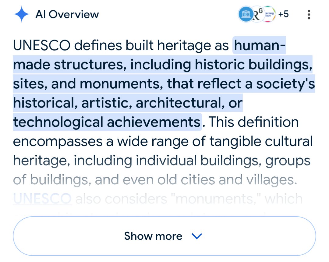 Archaeology is built heritage.

I keep seeing the term being applied to refer only to historic buildings, as if archaeological heritage were a separate thing. It isn't.

It constitutes the material remains of human cultures and agency, distinct for example from natural heritage.