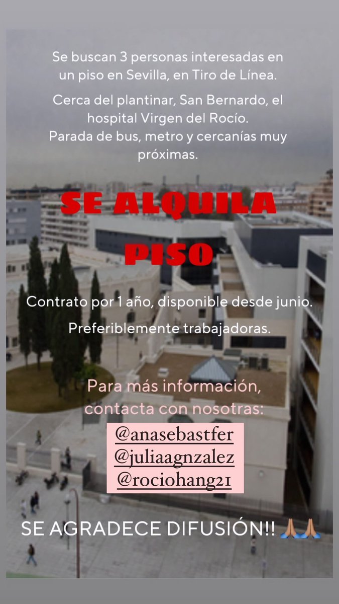 Buscamos a 3 personas que estén interesadas en entrar en Junio en un piso en Sevilla
A menos de 10 minutos del hospital Virgen del Rocío!

Se agradece difusión!! 🙏🏽🙏🏽

#MIR #pisoSevilla