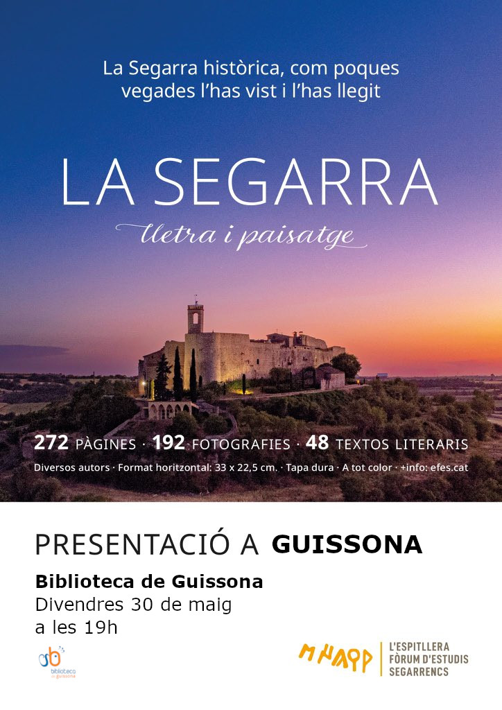 Biblioteca Guissona (@biblioguissona) on Twitter photo Ens fa il·lusió convidar-vos el proper divendres 30 de maig a les 7 de la tarda a la presentació del llibre "La Segarra: lletra i paisatge" a #BiblioGuissona.
Un llibre preciós de fotografies acompanyat de textos segarrencs editat per l'<a href="/Espitllera/">L'Espitllera Fòrum d’Estudis Segarrencs (EFES)</a>.
Us hi esperem! Ens fa il·lusió convidar-vos el proper divendres 30 de maig a les 7 de la tarda a la presentació del llibre "La Segarra: lletra i paisatge" a #BiblioGuissona.
Un llibre preciós de fotografies acompanyat de textos segarrencs editat per l'<a href="/Espitllera/">L'Espitllera Fòrum d’Estudis Segarrencs (EFES)</a>.
Us hi esperem!