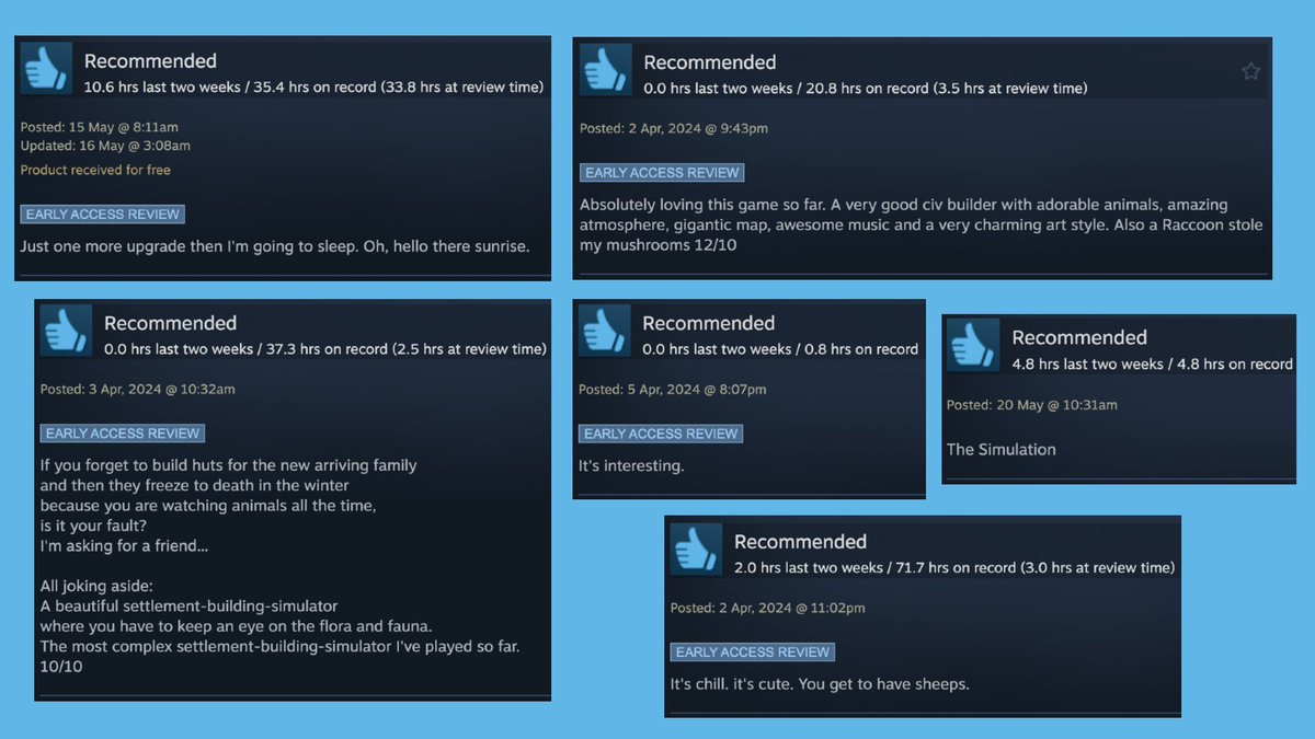kerzoven's tweet image. Have you played Of Life and Land? ... if you answered yes, please consider leaving a review on Steam. It helps the game A LOT 🥰
Here are some of the funniest ones we’ve received so far
