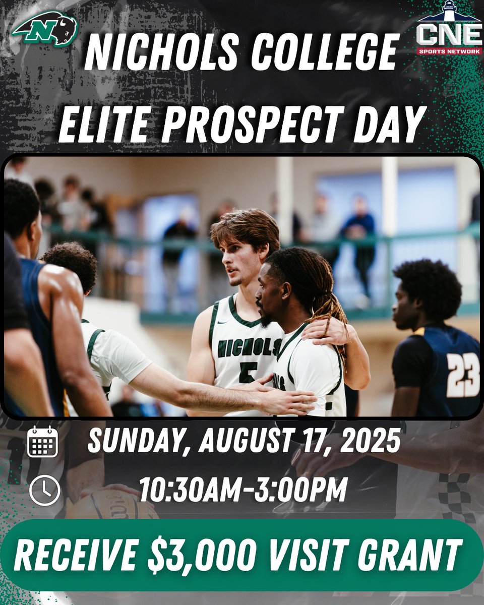 The 2025 Nichols Men’s Basketball Elite Prospect Day link is live! 

Sign up today! 🦬 

Included is on-court instructions from our coaching staff, evaluation games, a campus tour, and a $3,000 visit grant applied towards Financial Aid! 

Link: nicholsmensbasketball.totalcamps.com/About%20Us