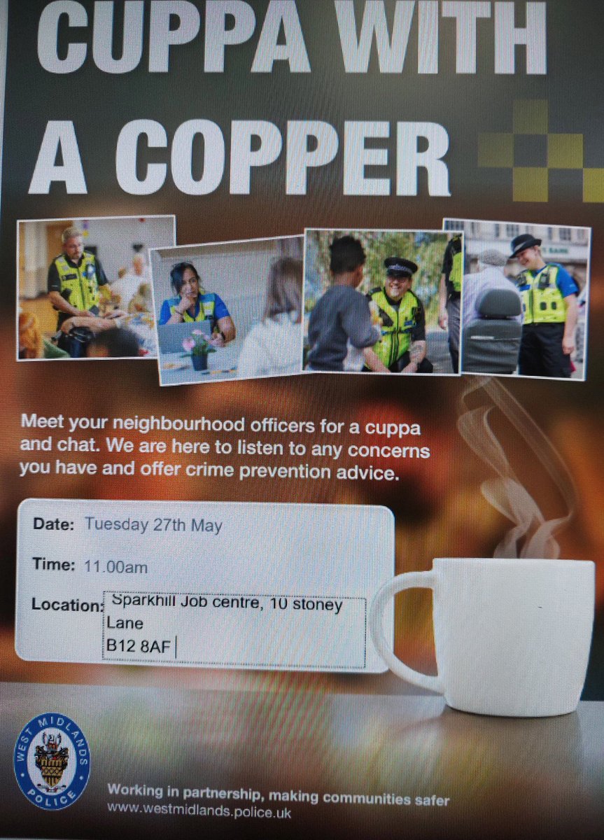 We're going to be at Sparkhill Job Centre 10 Stoney Lane B12 8AF on Tuesday 27th May at 11am.Come and speak to us about any concerns you may have, or receive any crime prevention advice you may require #neighbourhoodpolicing