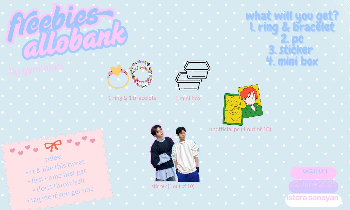 _lsssssy's tweet photo. FREEBIES ALLOBANK FESTIVAL DAY 2
BY : @_lsssssy

📆 : 22 JUNI 2025
📍: ISTORA SENAYAN
⏰️ : TBA

RULES:
☆ Repost &amp; Like this tweet 
☆ Open For Trade (DM)
☆ Diutamakan untuk moots
☆ Don't forget to tag me (^-^*) https://t.co/1lg9KMw2dm