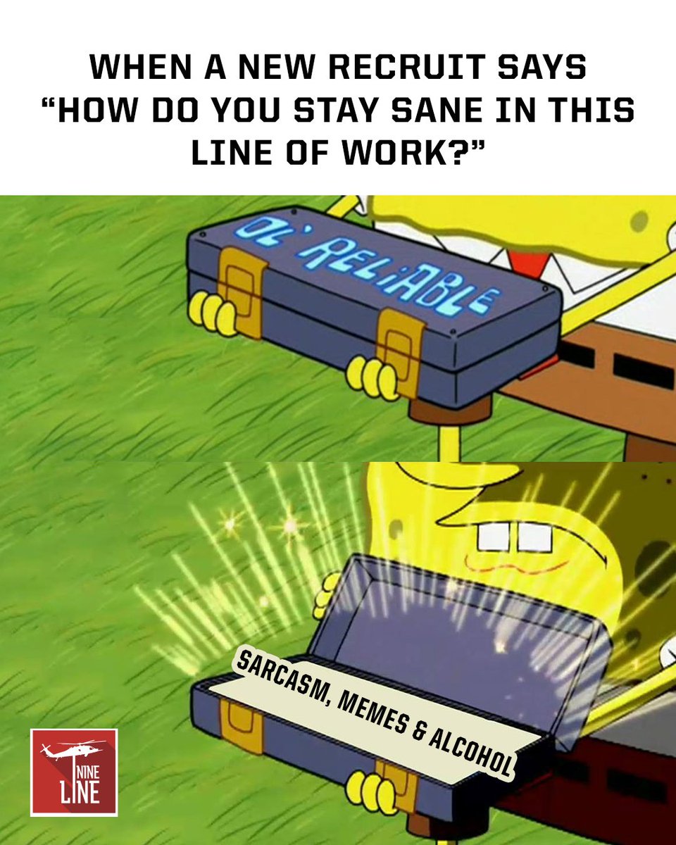 NineLineApparel's tweet photo. This is how we cope. Donโt question the system.
#FirstResponderHumor #MilitaryHumor #OlReliable #UnpaidTherapyTools #CopingMechanisms #NineLineApparel https://t.co/MqN2m3LSsI
