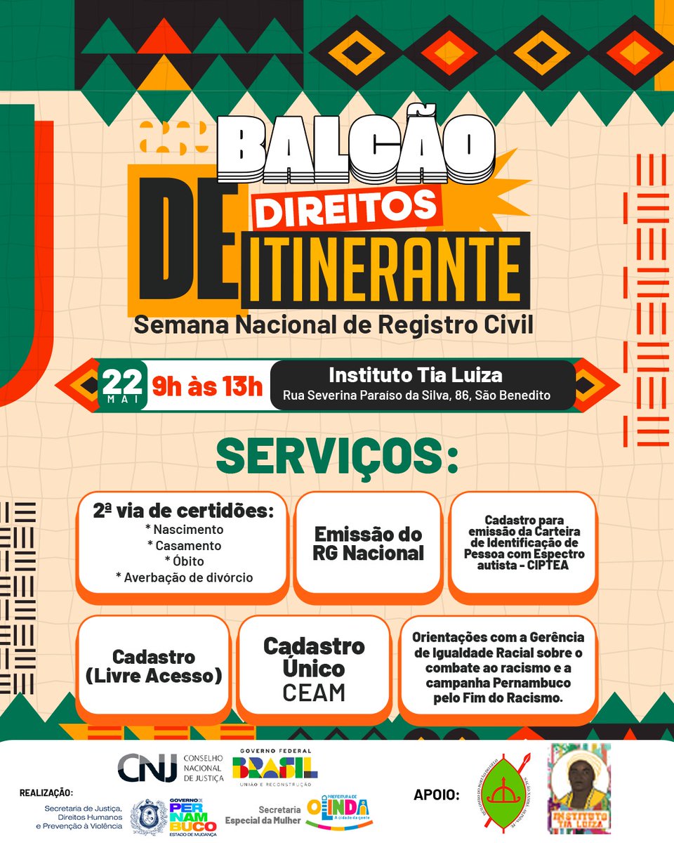 📢 Direito e cidadania mais perto de você!

Nesta quinta-feira (22/05), a gente recebe mais uma edição do Balcão do Direito Itinerante, uma ação gratuita que vai oferecer serviços essenciais à população, com foco em quem mais precisa.

📍 Local: Instituto Tia Luiza – Rua Severina