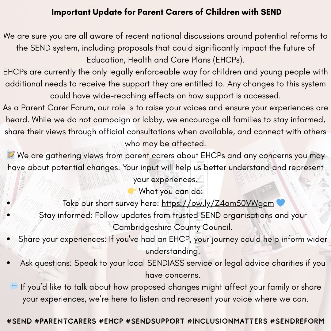 pinpointcambs's tweet photo. 📢 Important Update for Parent Carers of Children with SEND
📝 We are gathering views from parent carers about EHCPs and any concerns you may have about potential changes. Take our short survey here: https://t.co/di4ah3jmzg 💙
#SEND #ParentCarers #EHCP #SENDReform #SENDReview https://t.co/awkZVhhS6x