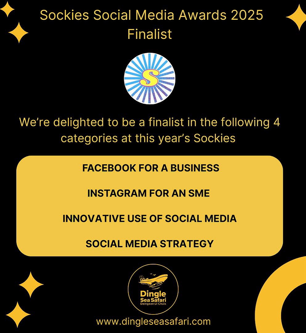 Dingle Sea Safari ~ Daingean Uí Chúis (@dinglesea) on Twitter photo Social Media Awards ~ Sockies 2025! 🚤
We’ve been named as a finalist in 4 categories at this year’s <a href="/socmediaawards/">The Sockies - Social Media Awards</a>
🌟Facebook Small Business
🌟 Instagram for an SME
🌟Innovative use of Social Media
🌟Social media strategy: SME
#Sockies25 #Dingleseasafari #SME Social Media Awards ~ Sockies 2025! 🚤
We’ve been named as a finalist in 4 categories at this year’s <a href="/socmediaawards/">The Sockies - Social Media Awards</a>
🌟Facebook Small Business
🌟 Instagram for an SME
🌟Innovative use of Social Media
🌟Social media strategy: SME
#Sockies25 #Dingleseasafari #SME