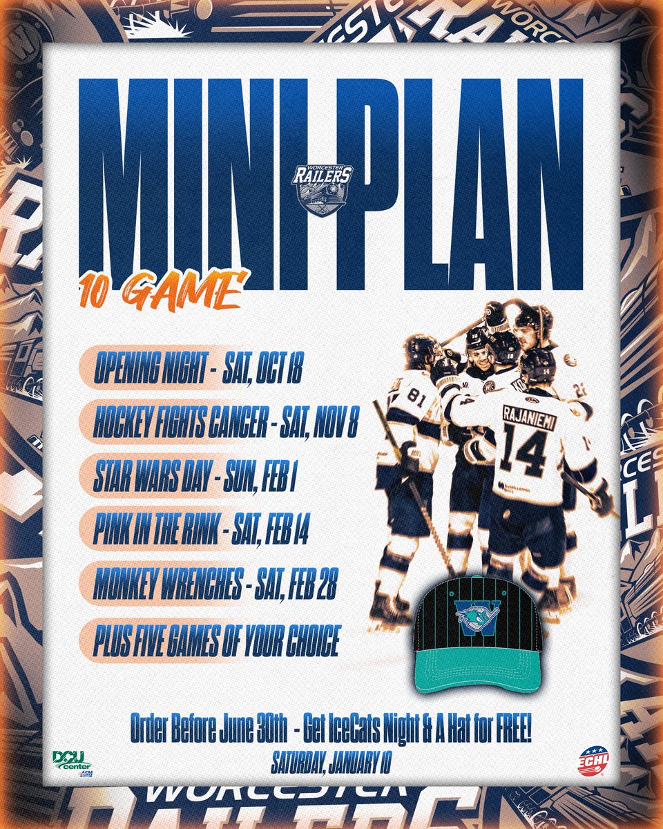 10 Game Mini Plans for the 2025-26 season are on sale NOW! 🚂

Secure your seats to the top Worcester Railers games!

For a limited time, each Mini Plan will also include 1 ticket per seat to IceCats Night and an exclusive IceCats hat! 

Purchase here: am.ticketmaster.com/railershc/buy?…