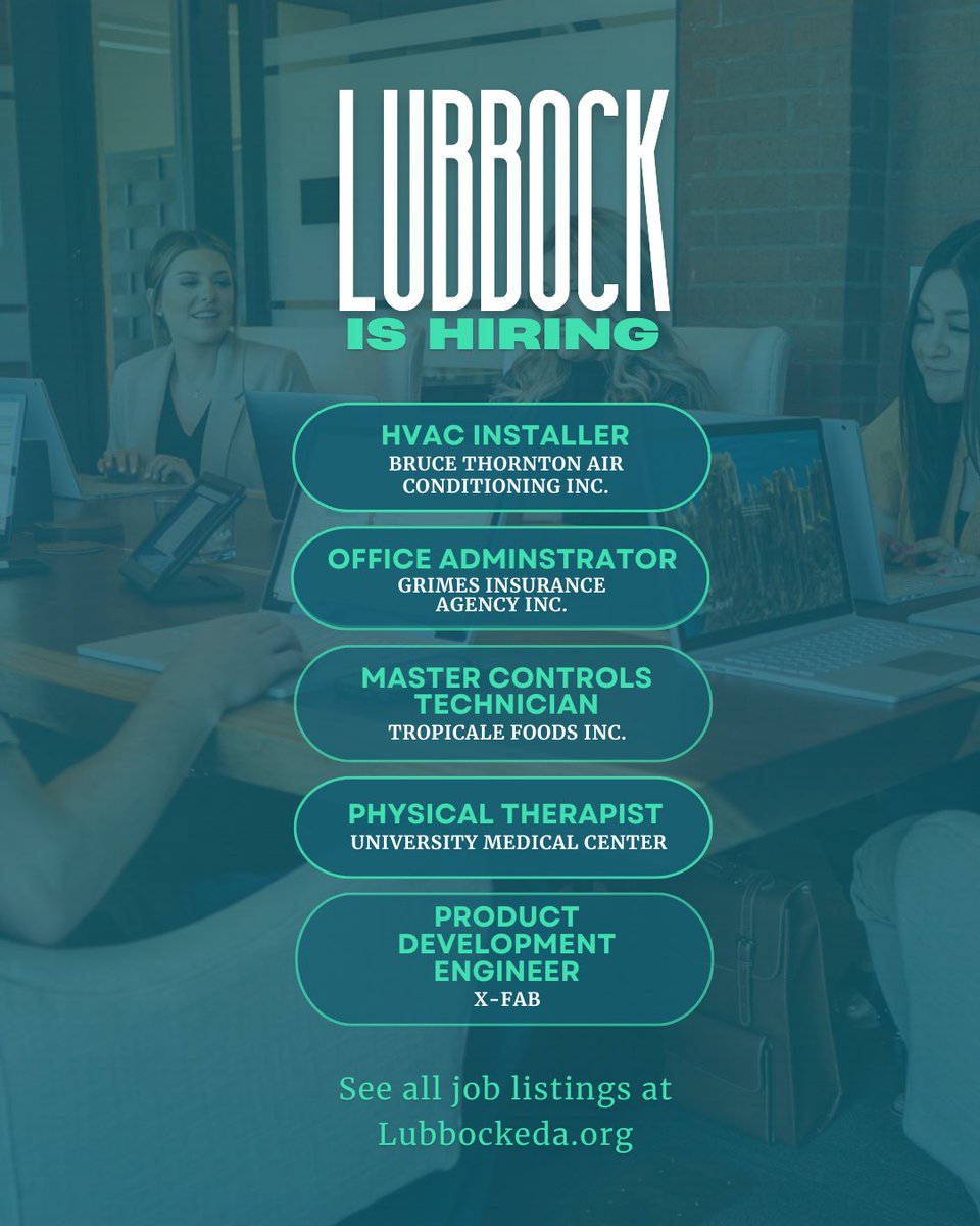 The latest job openings in Lubbock, Texas 🌟

See these jobs &amp; more on our website: lubbockeda.org/working-in-lub…

#lubbock #lubbocktx #workinlubbock #careersinlubbock #jobsinlubbock #jobopportunity #careersearch #lifeinlubbock #jobseekers #technician #hvacjob #physicaltherapist