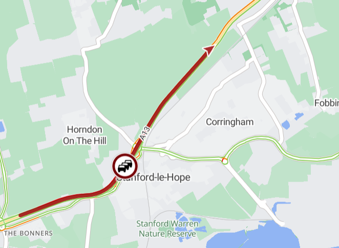 A13 Eastbound - slow moving traffic between Stanford Le Hope (A1014) and the Five Bells Interchnage (A176)