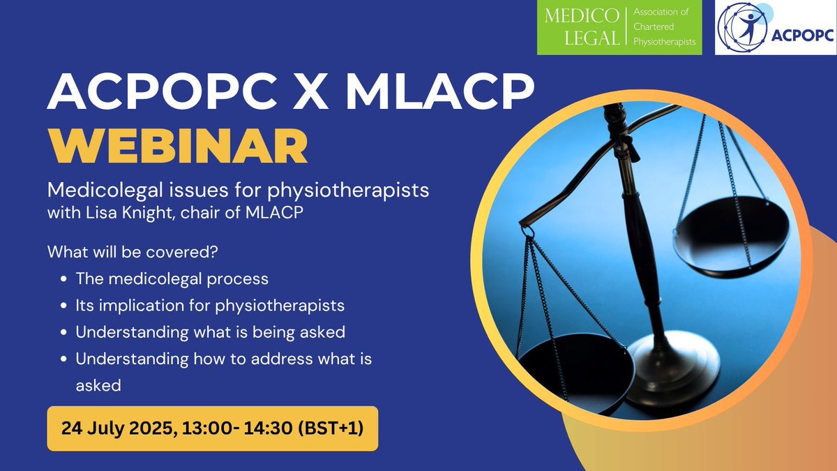 New ACPOPC webinar alert!📢 📢 📢 
We're partnering up with @MLACP to bring you a webinar on medicolegal issues and how to address them!
This promises to be an exciting webinar, what with it being delivered by physios for physios
#medicolegal #physio #oncology #ACPOPC #webinar