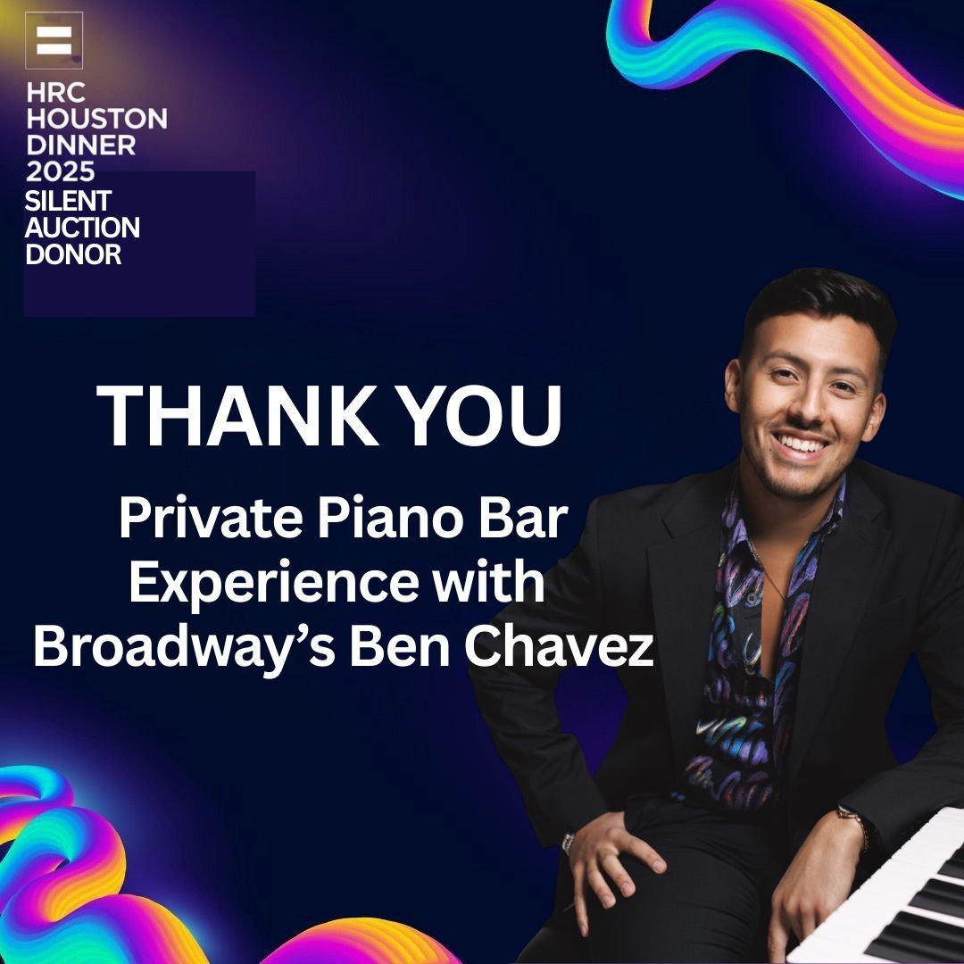 🎹 Thank you, Ben Chavez! 🌟
Broadway performer &amp; Disney’s Aladdin National Tour star, Ben Chavez donating a in-home 3-hr mobile piano session w/hit songs, singalongs, &amp; fun.

#HRCHouston #SilentAuction #BenChavez #BroadwayAtHome #SupportEquality #HRC2025 #LGBTQ #AladdinOnTour