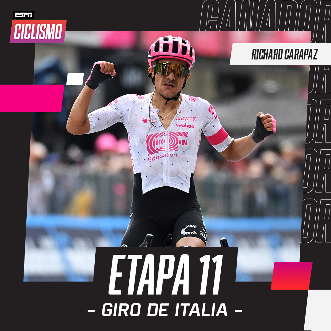 ¡ECUADOR ESTÁ EN LA CASA! Richard #Carapaz se quedó con la etapa 11 del #GiroDItalia: el ecuatoriano atacó en los últimos kilómetros de la etapa y se adueñó de la victoria sacando una ventaja de 10 segundos sobre sus perseguidores, Isaac #DelToro y Giulio #Ciccone. 🇪🇨🔝