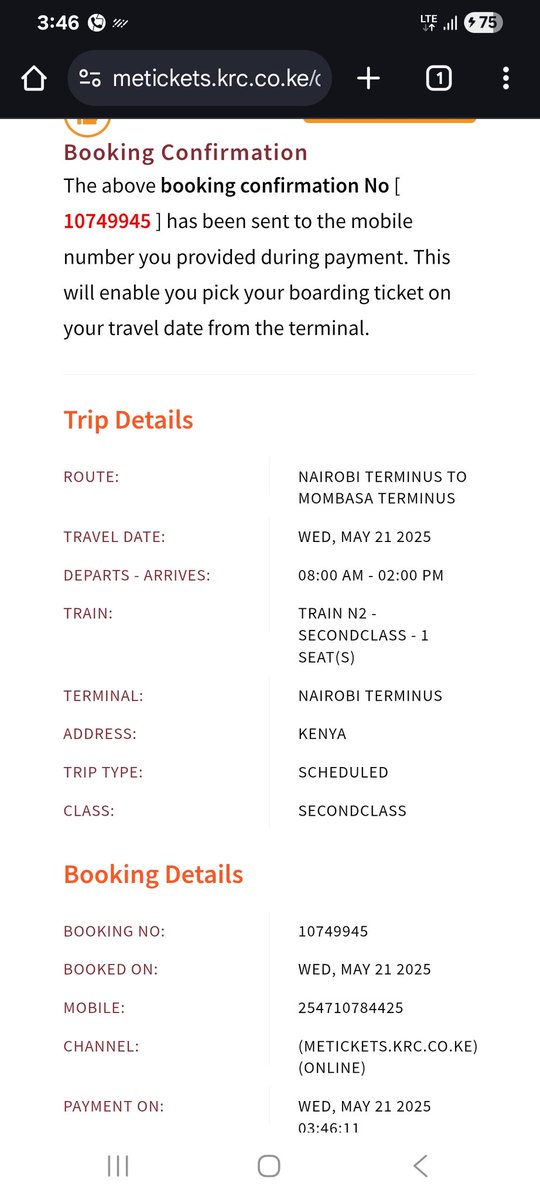 charlmore's tweet photo. @kenyarailways_ 

Hey SGR, I booked my ticket today, paid, and got confirmation as shown below.  However, upon reaching the Nairobi terminus, I was unable to get a ticket, reason? My ticket was not confirmed.   How about I get my refund majamaa? Your customer care not responsive https://t.co/XIxLNpyaK6