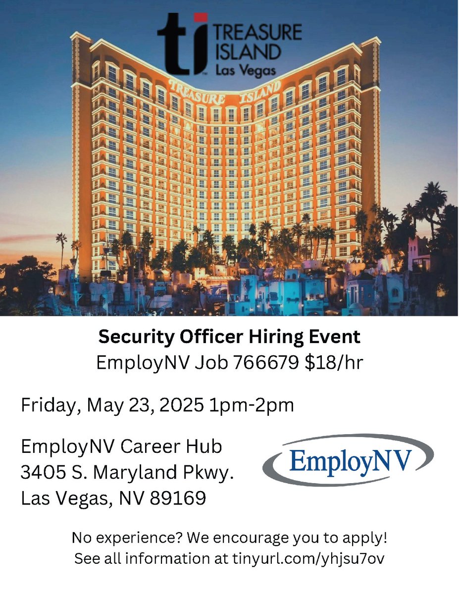 EmployNV of Southern Nevada (@employnvsouth) on Twitter photo LAS VEGAS - Security Officers interview for open positions with <a href="/TIvegas/">Treasure Island</a> 5-23-25 1pm-2pm at the EmployNV Career Hub, 3405 S. Maryland Pkwy.
Earn $18/hr, previous security experience not required, the company will train. Nevada DL required. Learn more at tinyurl.com/yhjsu7ov LAS VEGAS - Security Officers interview for open positions with <a href="/TIvegas/">Treasure Island</a> 5-23-25 1pm-2pm at the EmployNV Career Hub, 3405 S. Maryland Pkwy.
Earn $18/hr, previous security experience not required, the company will train. Nevada DL required. Learn more at tinyurl.com/yhjsu7ov