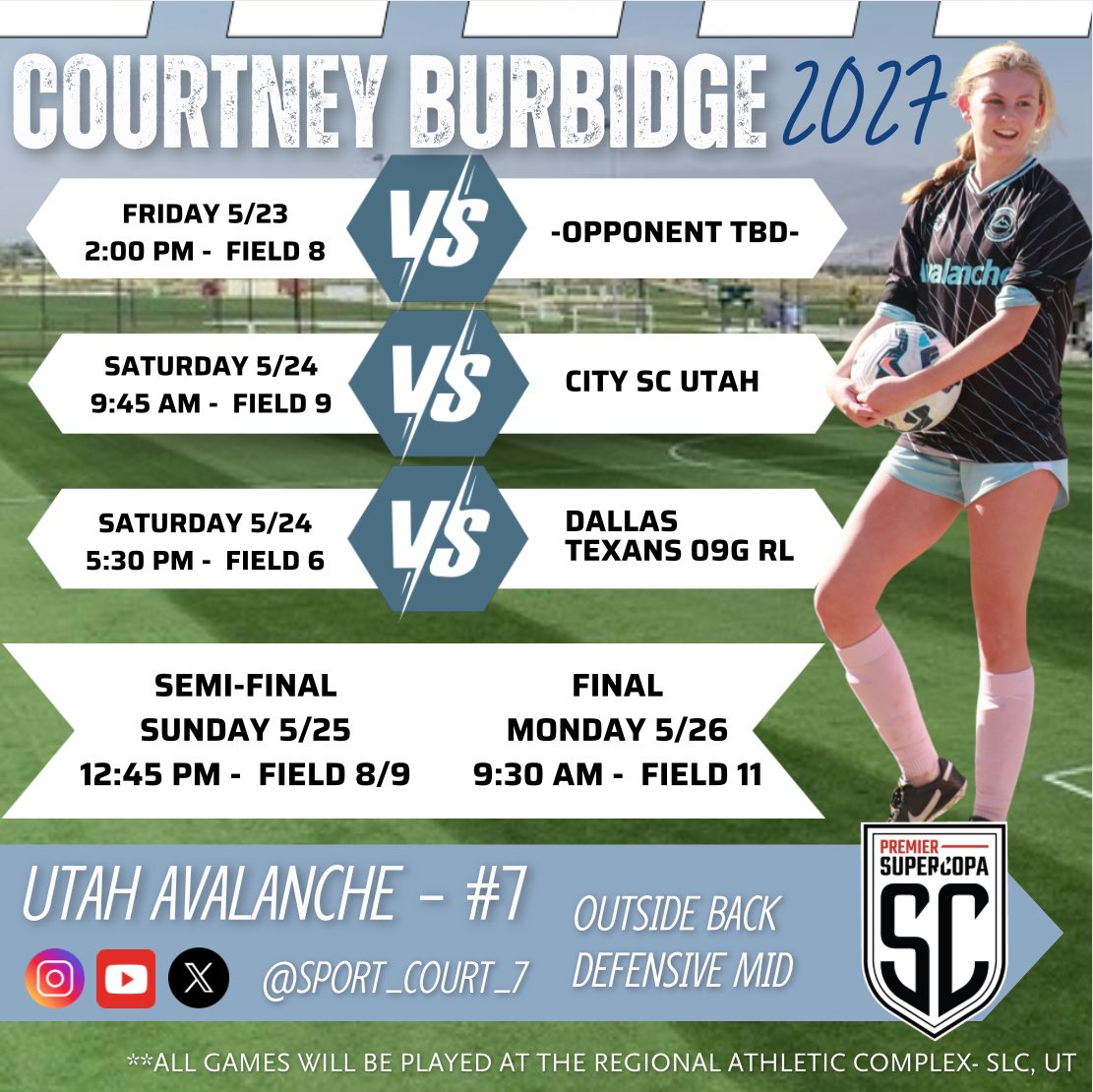 Sport_Court_7's tweet photo. Excited for the opportunity to compete in the Premier Super Copa this weekend in Salt Lake City. Grateful to be part of such a high-level tournament. Coaches, I’d love for you to stop by and watch! ⚽ #PremierSuperCopa #SaltLakeCity #GratefulForTheGame
@imyouthsoccer @imcollegesoccer @collegesoccercr @ecnlgirls @prepsoccer @topdrawersoccer @thesoccerwire @ftbltalentscout @scoutingzone @unitedcoaches @avalanchesoccer @avalanche09ecnl