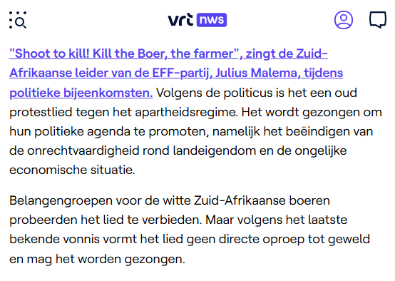 Luchtbakker's tweet photo. "Shoot to kill! Kill the Boer!" is geen directe oproep tot geweld maar een "protestlied", lees ik op VRTNWS.

Geniaal. Laten we "zwarte piet", "stop islamisering" en "er zijn maar twee geslachten" ook gieten in een oud protestlied. Want dat mag blijkbaar wel. https://t.co/5Oo0TR80cW
