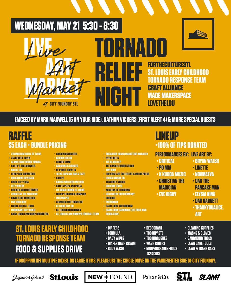 Look at this lineup. Some of the biggest names in St. Louis. Cardinals. CITY SC. Battlehawks. Symphony Orchestra. Art Museum. So many more. Artists &amp; civic leaders coming together to host a massive Tornado Relief Night tonight.

Click here to participate: go.eventgroovefundraising.com/stlstrong/Camp…