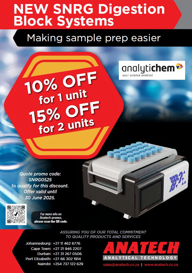 AnaTech17's tweet image. 🔥 PROMO: SNRG Digestion Block Systems 🔥
Take the hassle out of sample prep with precision-engineered SNRG Digestion Blocks – now at an unbeatable price!
🧪 Promo Code: SNGR0525
⏳ Valid until 30 June 2025
📧 sales@anatech.co.za
📞 (011) 462-6776
#WebChanges #Anatech