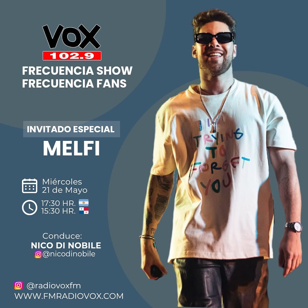 Esta tarde en #frecuenciashow MELFI
en Vivo en nuestro #streaming
míralo 👇
🎥 fmradiovox.com
#conduccion <a href="/nicodinobile/">Nico Di Nobile</a>
@carmen.melfi16, <a href="/streaming_melfi/">Streaming_Melfi</a>,
@melfiupdate, <a href="/kosmelfi/">Zuge🦋</a>, <a href="/melfi_sweet/">Eva 🦥</a>, @melfip.ec @melfioficiall @pacific_music_ec <a href="/fansclubmelfi/">Team Melfi</a> @melfiteamcolombia