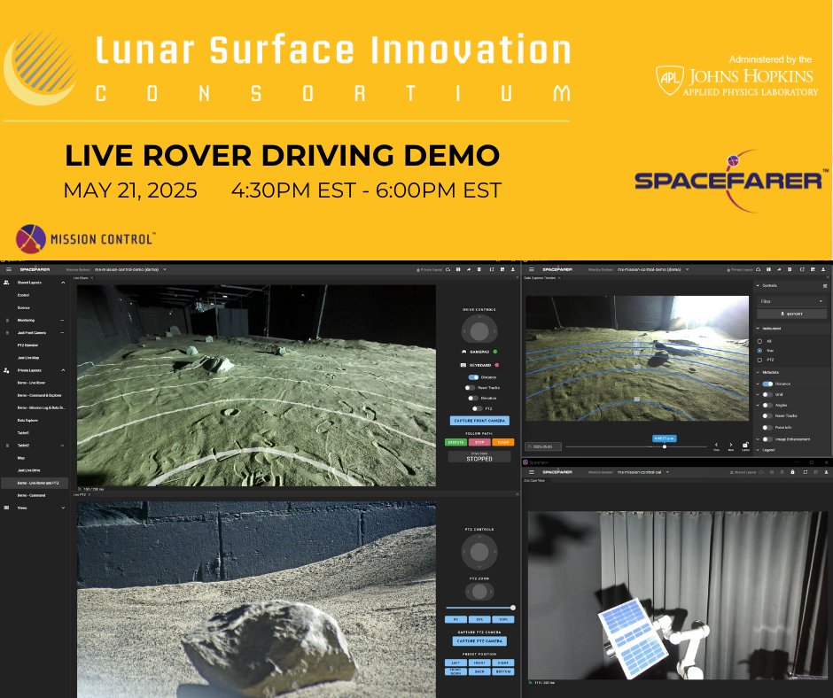 Mission Control (@missionctrlss) on Twitter photo Join Dr. Mic Faragalli and Kaizad Raimalwala today at #LSIC for a technology show and tell! 
Pop in to see a live rover driving demo using #Spacefarer in our Moonyard and learn more about our Orbital Autonomy Lab! Join Dr. Mic Faragalli and Kaizad Raimalwala today at #LSIC for a technology show and tell! 
Pop in to see a live rover driving demo using #Spacefarer in our Moonyard and learn more about our Orbital Autonomy Lab!