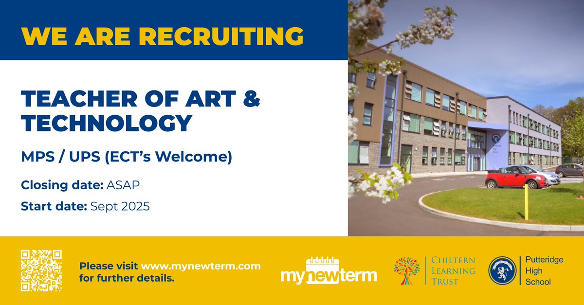 Come and join our team as a Teacher of Art &amp; Technology!

Apply now via My New Term. 

Closing date is midday on Friday 30th May.
mynewterm.com/school/Putteri…