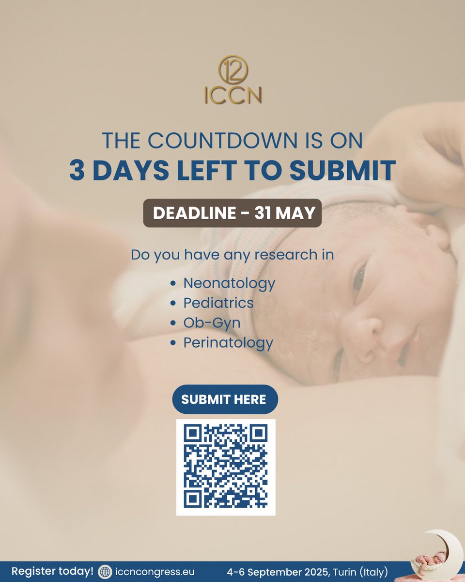 ICCN_Congress's tweet image. 3 days left to share your work with the global #neonatal community!
This is your opportunity to contribute to a prestigious scientific programme highlighting the latest advances in neonatal and #perinatal care.
Submit your before 31 May✅: bit.ly/ICCN-ABSTRACT