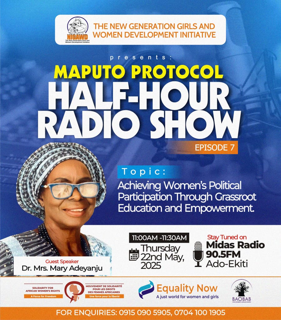 What role does grassroots education play in boosting women’s political participation?

Find out on Ep 7 of the #MaputoProtocol Half-Hour Show!

Our guest, Dr. Mary Adeyanju will shed more light!
11AM
Thurs, May 22
Midas Radio 90.5FM

#GenderEquality #WomenLead #WomenInPolitics