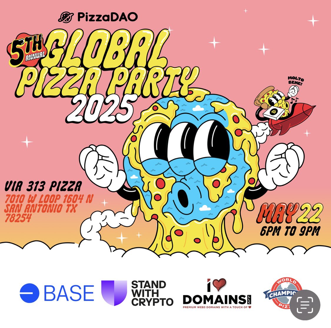 wenairdropnft's tweet photo. San Antonio! FINAL CALL to RSVP for FREE pizza at PizzaDAO’s Global Pizza Party TOMORROW (May 22) at Via 313!

We’re teaming up with @base & the World Pizza Champions to celebrate Bitcoin Pizza Day—15 yrs since 10,000 BTC bought 2 pies.

Now? You get a slice FREE.

RSVP: https://t.co/urlXW7uoAs
#BitcoinPizzaDay #GlobalPizzaParty #SanAntonio