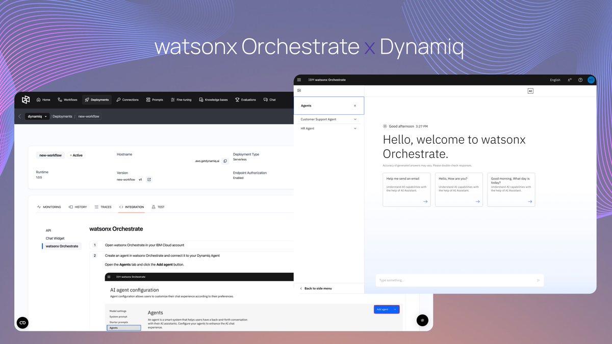 🚀 New API integration live: <a href="/IBMwatsonx/">IBM watsonx</a> Orchestrate x <a href="/DynamiqAGI/">Dynamiq</a>

You can now deploy agentic AI applications built in Dynamiq directly into IBM’s watsonx Orchestrate, in just a few clicks. 

This integration brings the best of both platforms together:

🎨 watsonx Orchestrate’s