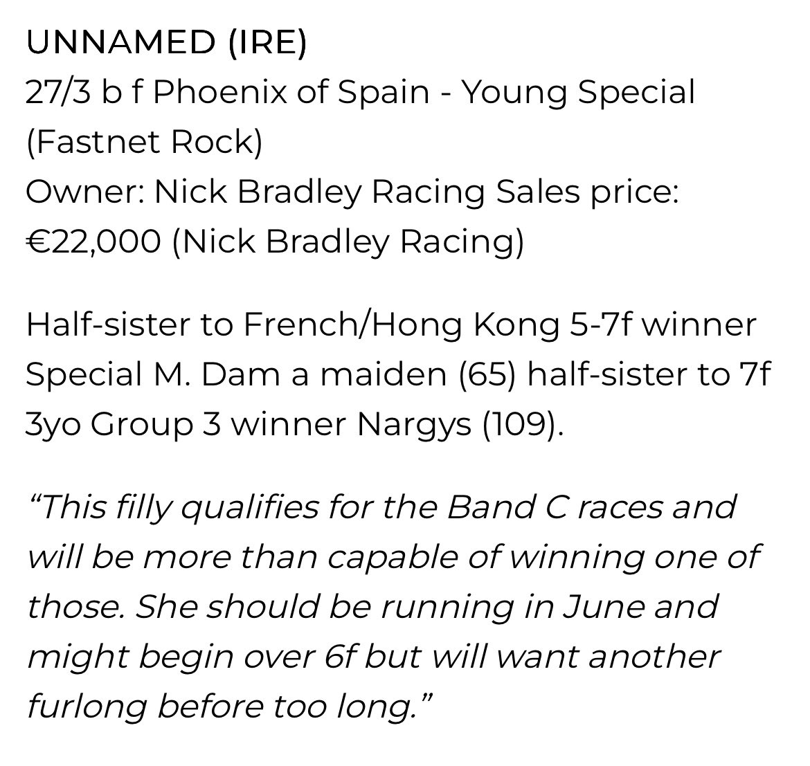 Nick Bradley Racing (@nbradleyracing) on Twitter photo Our Phoenix of Spain filly who is in training with <a href="/OllieSangster/">Ollie Sangster</a> is almost ready to run and she should have enough ability to pick up a maiden as per Ollie’s chat with <a href="/SportingLife/">Sporting Life Racing</a>
She recently enjoyed a race course gallop with two sharply bred breezers and we think look to Our Phoenix of Spain filly who is in training with <a href="/OllieSangster/">Ollie Sangster</a> is almost ready to run and she should have enough ability to pick up a maiden as per Ollie’s chat with <a href="/SportingLife/">Sporting Life Racing</a>
She recently enjoyed a race course gallop with two sharply bred breezers and we think look to
