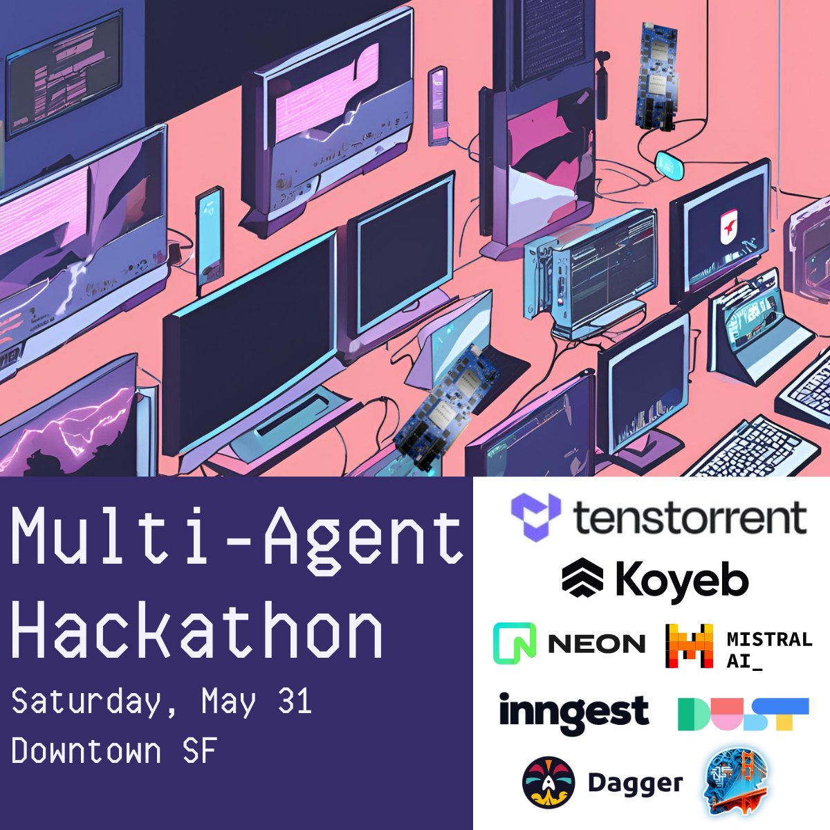 Yann Leger (@yann_eu) on Twitter photo 📅 10 days before our 1st Multi-Agent Hackathon in SF 🌉
with <a href="/tenstorrent/">Tenstorrent</a>, <a href="/gokoyeb/">Koyeb</a>, <a href="/neondatabase/">Neon - Serverless Postgres</a>, <a href="/MistralAI/">Mistral AI</a>, <a href="/inngest/">Inngest</a>, <a href="/GenAICollective/">The GenAI Collective</a>, <a href="/dagger_io/">Dagger</a>, and more!
Compete for over $35k in prizes 🏆
Hackathon details 🧵👇 📅 10 days before our 1st Multi-Agent Hackathon in SF 🌉
with <a href="/tenstorrent/">Tenstorrent</a>, <a href="/gokoyeb/">Koyeb</a>, <a href="/neondatabase/">Neon - Serverless Postgres</a>, <a href="/MistralAI/">Mistral AI</a>, <a href="/inngest/">Inngest</a>, <a href="/GenAICollective/">The GenAI Collective</a>, <a href="/dagger_io/">Dagger</a>, and more!
Compete for over $35k in prizes 🏆
Hackathon details 🧵👇