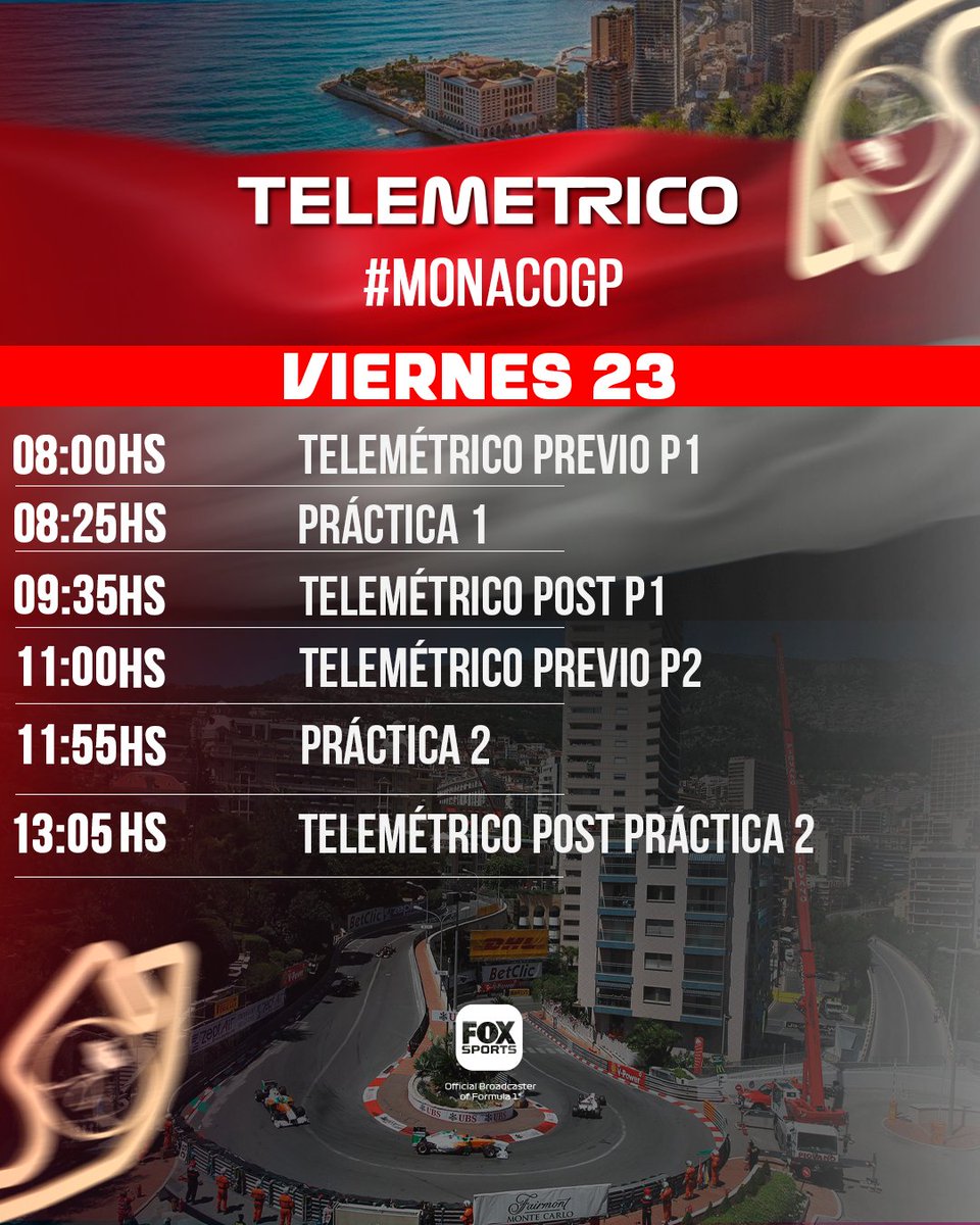 FOXSportsArg's tweet photo. #F1xFoxSports | Estos son los horarios del #MonacoGP 🇲🇨 

Seguí toda la actividad de Fórmula 1®️ en @TelemetricoF1 junto a @puenteadrian, @aagulla_TV  @f1andersen en la pantalla de Fox Sports. https://t.co/hDmNEGEY05