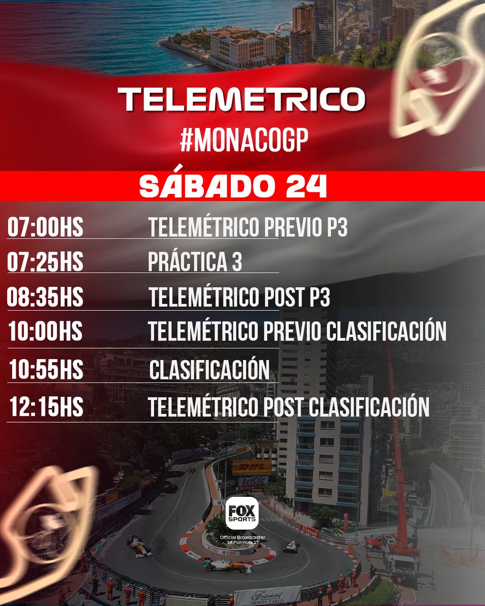 FOXSportsArg's tweet photo. #F1xFoxSports | Estos son los horarios del #MonacoGP 🇲🇨 

Seguí toda la actividad de Fórmula 1®️ en @TelemetricoF1 junto a @puenteadrian, @aagulla_TV  @f1andersen en la pantalla de Fox Sports. https://t.co/hDmNEGEY05