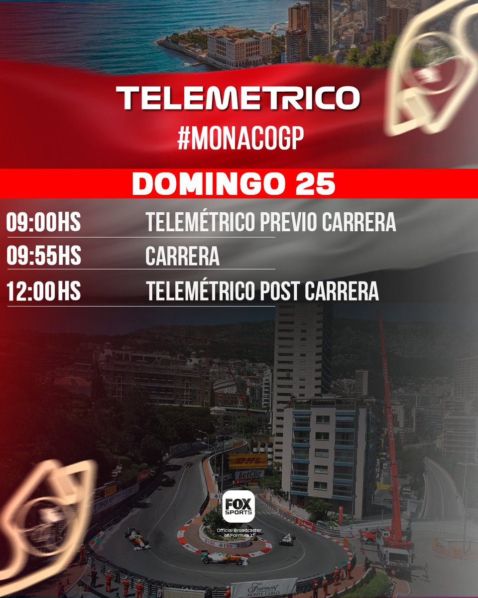FOXSportsArg's tweet photo. #F1xFoxSports | Estos son los horarios del #MonacoGP 🇲🇨 

Seguí toda la actividad de Fórmula 1®️ en @TelemetricoF1 junto a @puenteadrian, @aagulla_TV  @f1andersen en la pantalla de Fox Sports. https://t.co/hDmNEGEY05