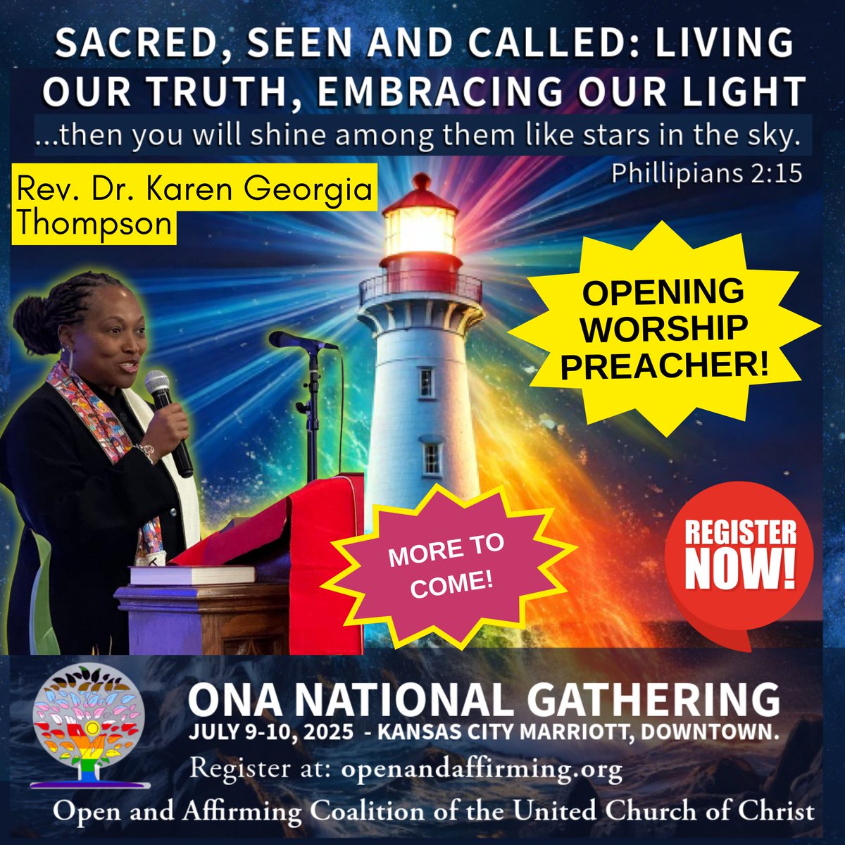 Registration is still just $250 for the 2025 ONA National Gathering! Join us in Kansas City, MO July 9–10 for worship, justice, and community. Featuring Rev. Dr. Karen Georgia Thompson! Register here now: openandaffirming.networkforgood.com/events/83144-2…