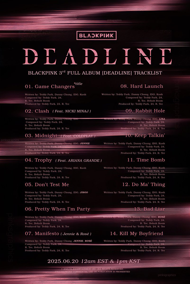 pinksgraphics's tweet photo. #BLACKPINK ‘DEADLINE ’ Tracklist Poster

3rd Album ‘DEADLINE ’
✅2025.06.20 12AM (EST) &amp; 1PM (KST)

#블랙핑크 #3rdAlbum #DEADLINE #Tracklist #Title #Release #JISOO #ROSÉ #LISA #JENNIE #YG https://t.co/JI2Uijcxhh
