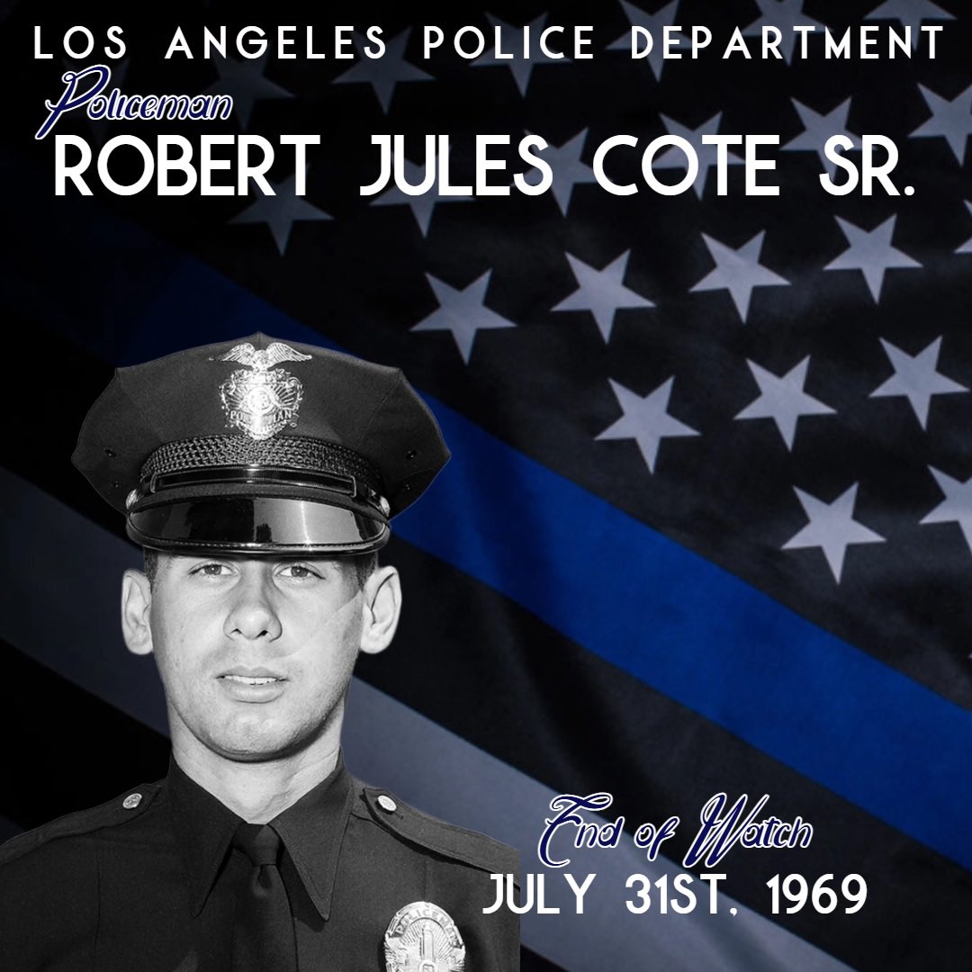 lapmforg's tweet photo. #LAPD #lapmf.org #neverforget
The Los Angeles Police Memorial Foundation proudly presents its ongoing bi-weekly series honoring officers who made the ultimate sacrifice in the line of duty and were awarded the Medal of Valor. We are commemorating the 12th officer in this centennial tribute, marking 100 years since the Medal of Valor's inception.
POLICEMAN ROBERT COTE
Policeman Robert Cote, a veteran of the United States Army, served the LAPD for 15 months. On July 31, 1969, Officer Cote was working alone and responded to a radio call of a robbery in progress with potential hostages at an East Hollywood variety store. Upon arrival Officer Cote exchanged gunfire with one of the two robbery suspects. Officer Cote was struck by the suspect’s gunfire. Additional responding officers shot the suspect, who at the time, was holding a store employee as a hostage. Officer Cote ultimately succumbed to the gunshot wounds sustained during the exchange of gunfire. His assailant died later at a downtown hospital. The second suspect was arrested for the murder of Officer Cote. For his actions to protect the community, Officer Cote was posthumously awarded the Medal of Valor.