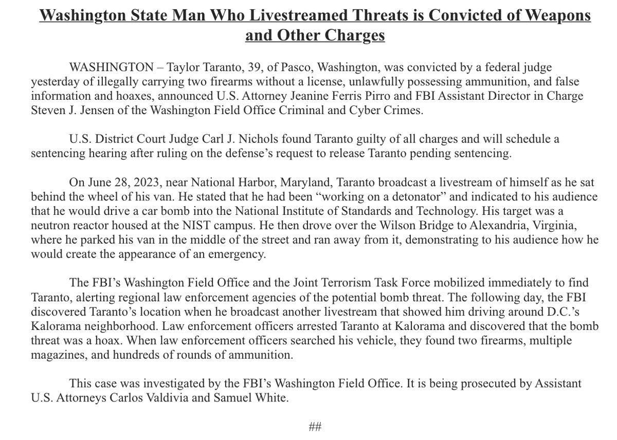 One of Jeanine Pirro's first press releases: the conviction of former Jan. 6 defendant Taylor Taranto for non-J6 crimes: