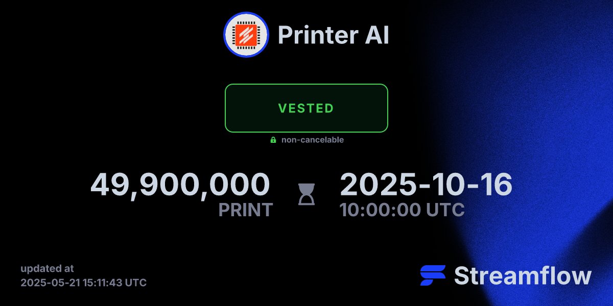 Team tokens 5% $PRINT – LOCKED (vesting)

After the lock period, they will be distributed via StreamFlow from August 21 to October 16 (inclusive).

StreamFlow: app.streamflow.finance/contract/solan…

All circulating $PRINT tokens are exclusively owned by the COMMUNITY.