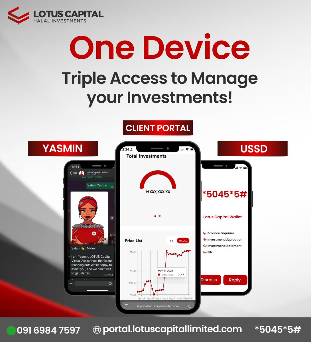 lotuscapitalltd's tweet image. Manage your investments seamlessly from one device using our USSD code, Client Portal, or Yasmin today!

#lotuscapital #ussdcode #halal #ethicalinvestments #investment #islamicfinance #Investing #WealthBuilding #InvestmentTips #FinancialGoals #lotuscapitalltd