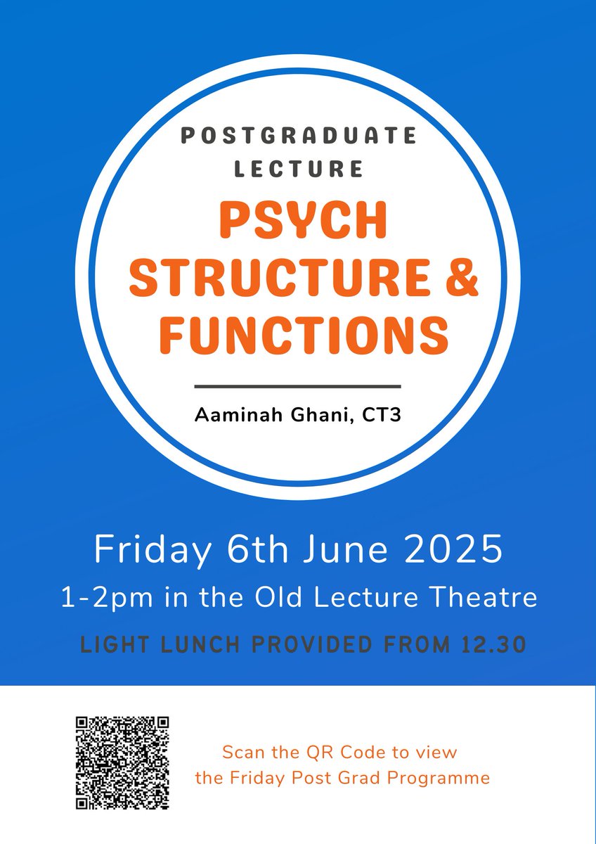 The Friday Post Grad, 6th June, will be delivered by Aaminah Ghani, CT3 on the topic: Psych Structure &amp; Functions